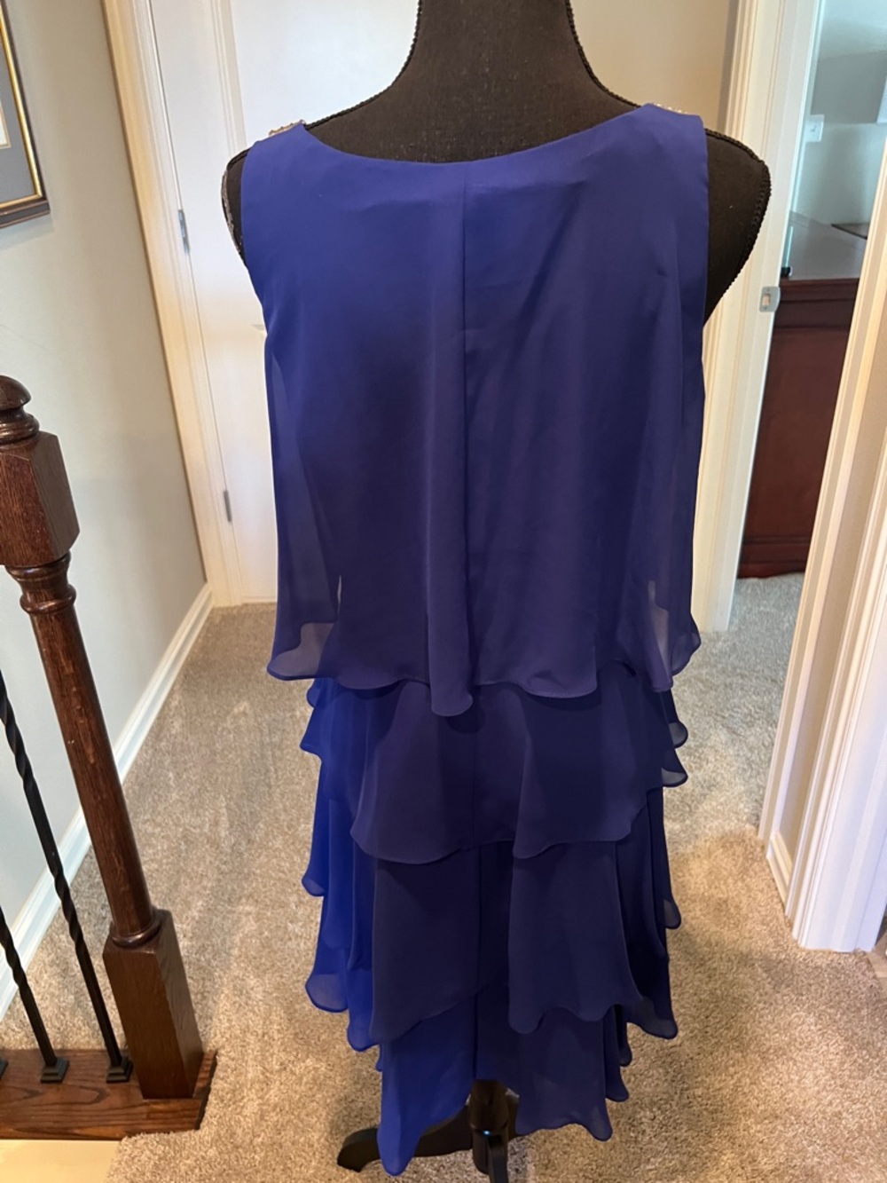 Elegant Royal Blue Tiered Chiffon Midi Dress with Embellished Straps - Picture 8 of 10